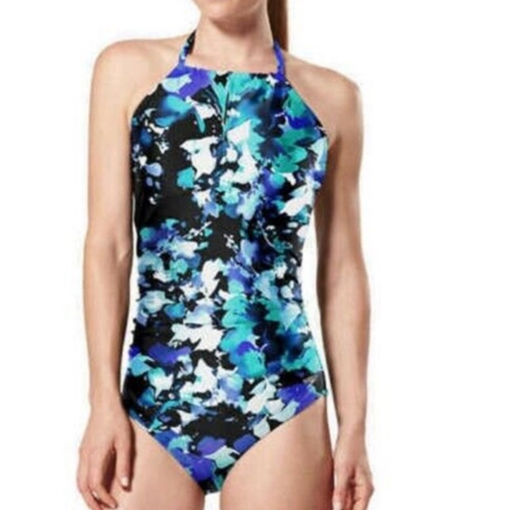 Speedo High Neck Multicolor Keyhole Halter Swimsuit Size small NWOT